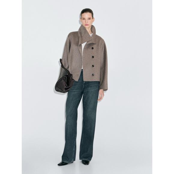 Massimo Dutti Short High Neck Wool Blend Coat Natural Gray Brown Small - Picture 1 of 6
